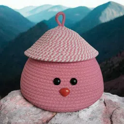 ambaenterprises Cotton Cute Pink Face Storage Basket with Lid | Cotton Rope Organizer for Kids Room Storage Basket-picture-24