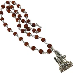 kuttumb gems & jewels Brown 5 Mukhi Rudraksha Mala in Silver Designer Caps (7 mm) - Natural Rudraksha Silver Beads Brass, Wood Pendant image 3