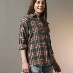 chimpaaanzee Women Oversized Fit Checkered Spread Collar Casual Shirt image 5