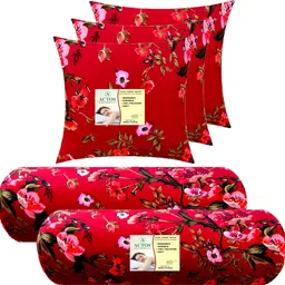 Combo Set Of 3 Cushion And 2 Microfibre Floral Bolster Pack of 5-image-82