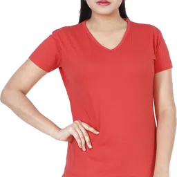 fleximaa Pack of 2 Women Solid V Neck Cotton Blend Red, Yellow T-Shirt image 2