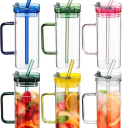 fun finds Random Color Square Glass with Handle, Lid and Straw Glass Coffee Mug image 2