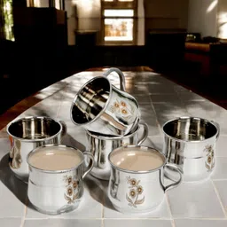 q4s Pack of 6 Stainless Steel Cup for chai coffee Gloss Shine flower design cup 160ml image 3
