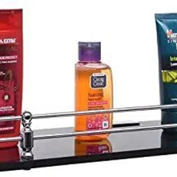 kriti creation Bathroom Shelf with Wall Brackets Storage Holder, 12 x 6 Black 2 Pcs Glass Wall Shelf image 2