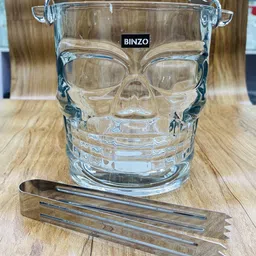 binzo 1.5 L Glass Glass Skull Shape Ice Bucket with Stainless Steel Handle & Tong Ice Bucket image 3