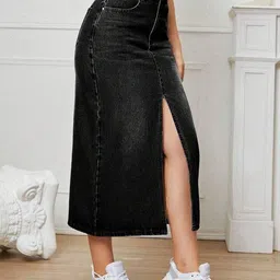 hunter hayes Women Solid Pencil Black Skirt image 3