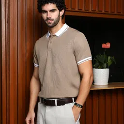 campus sutra Men Striped Polo Neck Polycotton Beige T-Shirt-picture-11