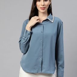 pluss Women Regular Fit Solid Spread Collar Casual Shirt-picture-9