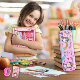neel Unicorn Pencil Box Unicorn School Stationery Kit combo 8-IN-1 Gift Set 2 Pencils Unicorn Metal Pencil Box/Sharpener/Eraser/ Scale/Crayon Birthday Gift for Girls Art Plastic Pencil Box image 4