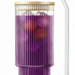 Decorative Ribbed Glass Cup with Bamboo Lid & Straw – Cold Drink Glass Tumbler-image-88