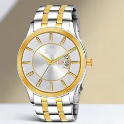 royal habibi Analog Day& Date Functioning Silver Chain Gold White Stainless Steel Wrist Watch Analog Watch - For Men Golden-Silver Wedding Watch image 5