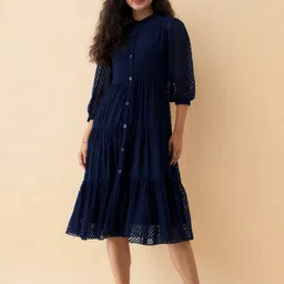 Women Fit and Flare Dark Blue Knee Length Dress-image-17