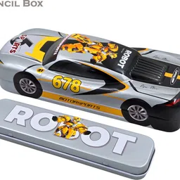 poksi Car Shape Metal Pencil Box for Kids | Robot Design Stationery Storage Case for B oys & Girls Art Metal Pencil Box image 1