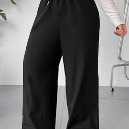 Women Loose Fit Black Cotton Blend Trousers-image-2