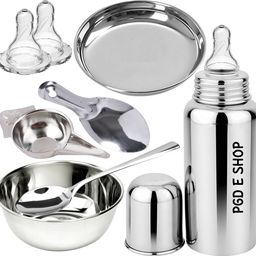 pgd New Born Baby Full Gift Set Steel Feeding Bottle, Feeder, Spoons, Bowl, Plate - 250 ml-picture-13