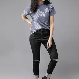 roadster Women Printed Round Neck Cotton Blend Blue T-Shirt-picture-12