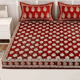 uniqchoice Maroon Traditional 120 TC Cotton Queen Sized Bedsheet with 2 Pillow Cover image 4
