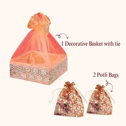 khusha creations Premium Gift Basket Tokri with 2 Potli Bags For Wedding, Return Gift & Festive Wooden Fruit & Vegetable Basket image 2