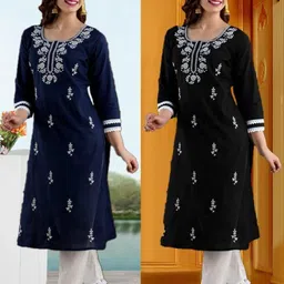 Pack of 2 Women Chikan Embroidery Cotton Blend Straight Kurta-image-99