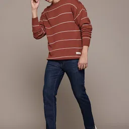 roadster Men Striped Round Neck Red Sweater image 4