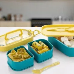 decorkhushienterprises yellow colour double decker lunch box 800ml 3 Containers Lunch Box image 2