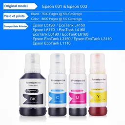 Teqbot Refill Ink For 001 For L4150 , L4158, L4168 ( BK-127ML , C/M/Y - 70ML ) Black + Tri Color Combo Pack Ink Bottle image 4