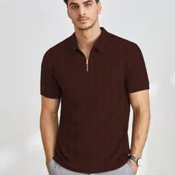combraided Men Self Design Zip Neck Polyester Maroon T-Shirt image 1