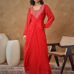 shae by sassafras Women Georgette Crop Top Skirt Ethnic Jacket Set image 2