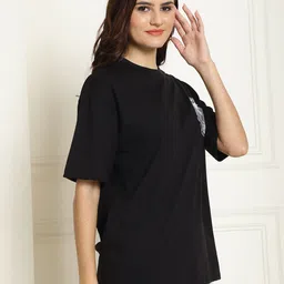 fabflee Women Graphic Print Round Neck Cotton Blend Black T-Shirt image 3