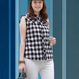 houseofcommon Women Regular Fit Checkered Mandarin Collar Casual Shirt-picture-48