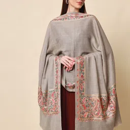 Pashmoda Women Grey Embroidered Pure Wool Shawl-image-11
