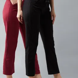 blinkin Pack of 2 Women Solid Maroon, Black Track Pants image 4
