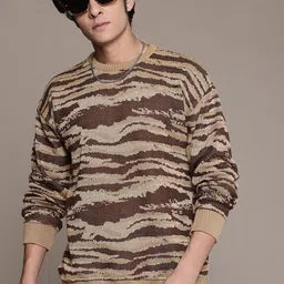roadster Men Self Design Round Neck Beige Sweater-picture-35