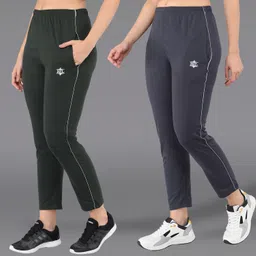 asdf Pack of 2 Women Solid Dark Green, Grey Track Pants-picture-15