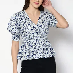 pretty loving thing Casual Puff Sleeves Printed Women White Top-picture-24