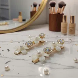 alvero 2Pc Elegant Floral Crystal & Pearl Hair Clips for Women, Shining Gold-Tone Hair Clip image 5