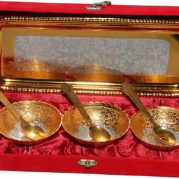 sudha German Silver Brass Round Bowl Sets with Tray and Spoon with Royal Royal Luxury Tray, Bowl, Spoon Serving Set image 2