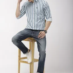 the indian garage co. Men Slim Fit Striped Spread Collar Casual Shirt image 5