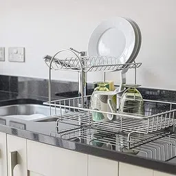 indian decor 2-Tier Drainer Dish Draining Rack, Stainless Steel Tray image 4