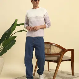 canblar Men Self Design Round Neck Purple Sweater image 1