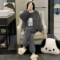 Women Night Suit Set Grey Self Design-image-6