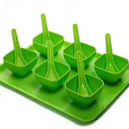 swift international 6 Piece Reusable Square Bowl Spoon and Tray Set, Perfect Serving Dish for Dips, Ice Cream| Snacks| and Candy Durable Hard Plastic| Includes 1 Tray 6 Bowls and 6 Spoons (Green) Tray, Bowl, Spoon Serving Set-picture-19