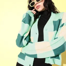 mast & harbour Women Checkered V Neck Green, White Sweater-picture-11