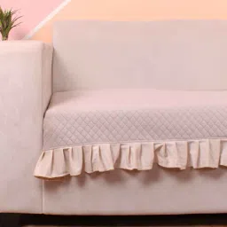 stitchnest Beige Solid Velvet 1 Seater Quilted Sofa Cover (Protector) with Frill-picture-39