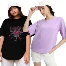 r s fashion Pack of 2 Women Printed, Solid Round Neck Cotton Blend Black, Purple T-Shirt-picture-11