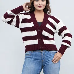 feverfew Women Striped V Neck Maroon Sweater-picture-37