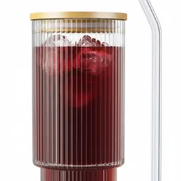 shipplier Clear Ribbed Glass Tumbler with Lid & Straw – Cold Juice Glass Glass Tumbler-picture-32