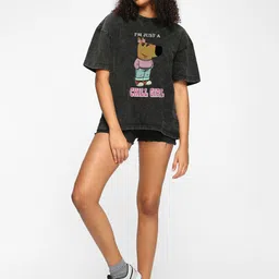 bewakoof Oversized Women Graphic Print Round Neck Pure Cotton Black T-Shirt image 5