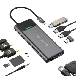 NOVOO 12-in-1 USB 3.0 Type C to USB 2.0 Type A, USB 3.0 Type A, USB Type C, HDMI, SD Card Slot, TF Card, VGA Port, LAN Port, 3.5mm Stereo Multi-Port Hub (With LED Screen, Dark Grey) image 4