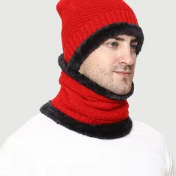 WEAVERS VILLA Men Red & Black Acrylic Beanie with Muffler Set image 3